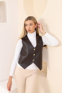 Topshow coffee leather buttoned vest #3