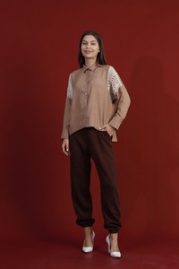 Topshow Brown Lace Detailed Linen Wholesale Shirts #3