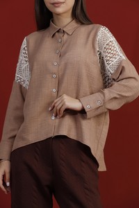 Topshow Brown Lace Detailed Linen Wholesale Shirts #4