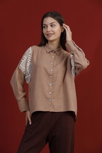 Topshow Brown Lace Detailed Linen Wholesale Shirts #2