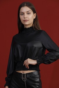 Topshow Black Faux Leather Evening Dress Wholesale Blouse #2