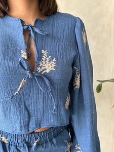 Topshow Front Tie Embroidered Detailed Wholesale Linen Blouse - Blue #4