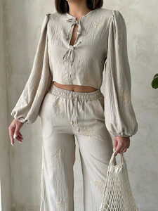 Topshow Front Tie Embroidered Detailed Wholesale Linen Blouse - Stone #4