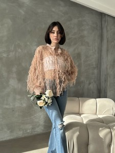 Topshow Tulle Shirt With Fringes With Stone Punatiye #3