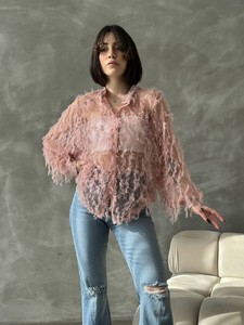 Topshow Powder Polka Dot Fringed Tulle Shirt #3