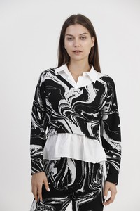 Topshow Black and White Marbled Poplin Garnished Jacquard Wholesale Blouse #2