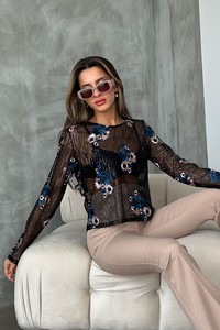 Topshow Black Blue Embroidered Wholesale Blouse #1