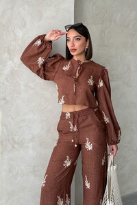 Topshow Front Tie Embroidered Detailed Wholesale Linen Blouse - Coffee #2