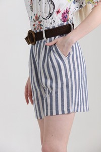 Navy blue striped belt linen shorts #3