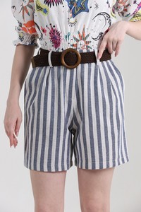 Navy blue striped belt linen shorts #4