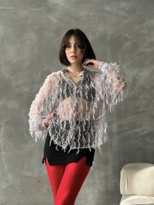 Topshow Grey Polka Dot Fringed Tulle Shirt #2