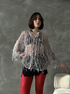 Topshow Grey Polka Dot Fringed Tulle Shirt #4