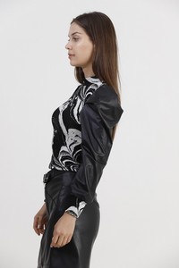 Topshow Black and White Marbled Leather Garnished Wholesale Blouse #4