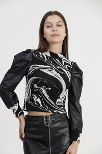 Topshow Black and White Marbled Leather Garnished Wholesale Blouse #1