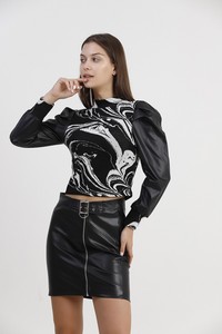 Topshow Black and White Marbled Leather Garnished Wholesale Blouse #2