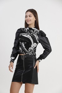 Topshow Black and White Marbled Leather Garnished Wholesale Blouse #3