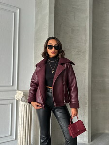 Topshow Burgundy Zippered Leather Wholesale Coat #3