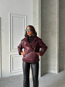 Topshow Burgundy Zippered Leather Wholesale Coat #2