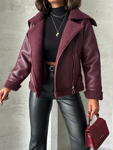 Topshow Burgundy Zippered Leather Wholesale Coat #4