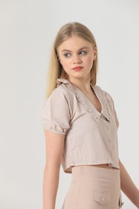 Topshow Stone Collar Ruffled Belly Top Wholesale Shirt #4