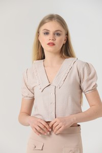 Topshow Stone Collar Ruffled Belly Top Wholesale Shirt #5