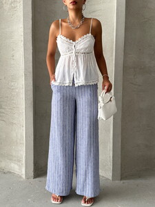 Topshow Dark Blue Striped Linen Trousers #4