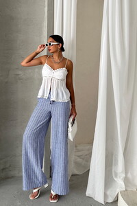 Topshow Dark Blue Striped Linen Trousers #1